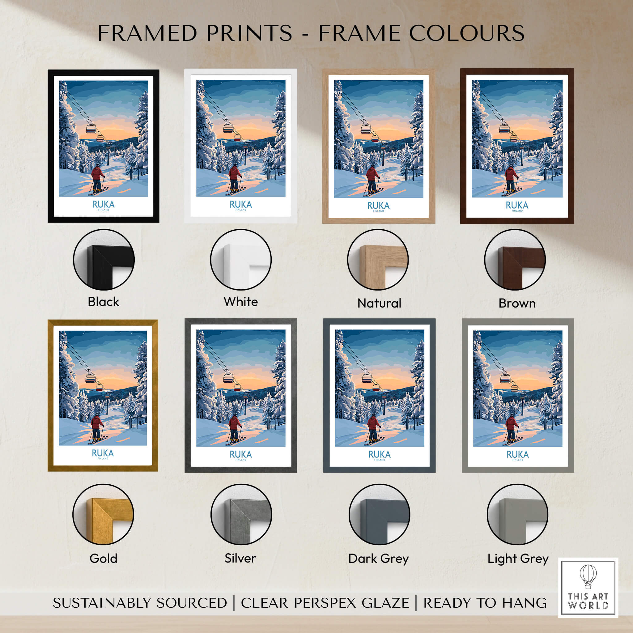 Finland Ski Resort Art - Ruka Snow Scene Print, Scandinavian Wall Decor framed in various colors including black, white, and gold.