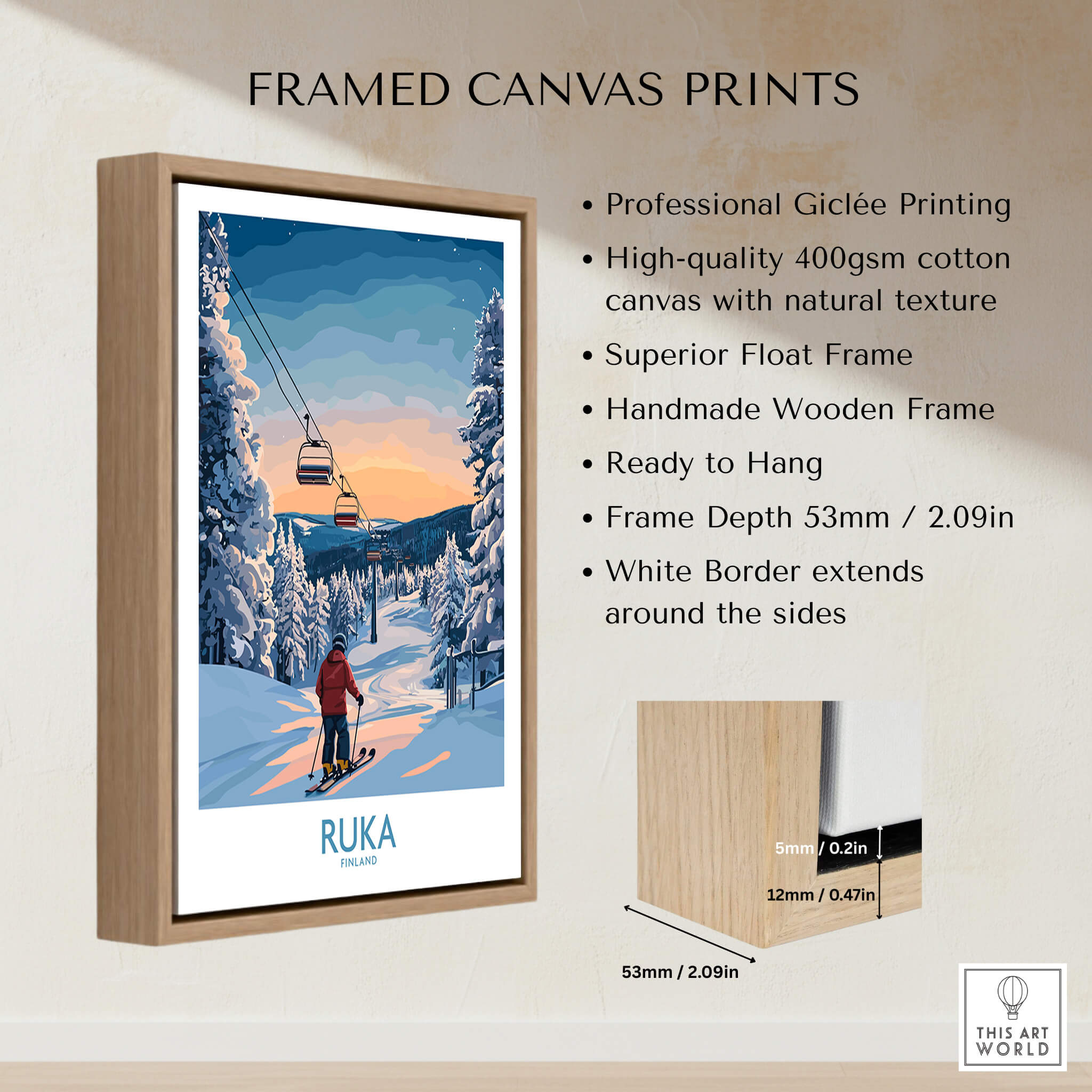Finland Ski Resort Art - Ruka Snow Scene Print, Scandinavian Wall Decor framed canvas print showcasing winter landscape.