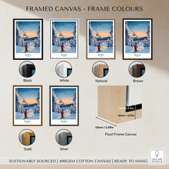 Framed canvas options for Finland Ski Resort Art - Ruka Snow Scene Print, Scandinavian Wall Decor in various colors.
