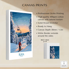 Finland Ski Resort Art - Ruka Snow Scene Print, Scandinavian Wall Decor featuring a skier on a scenic winter landscape.