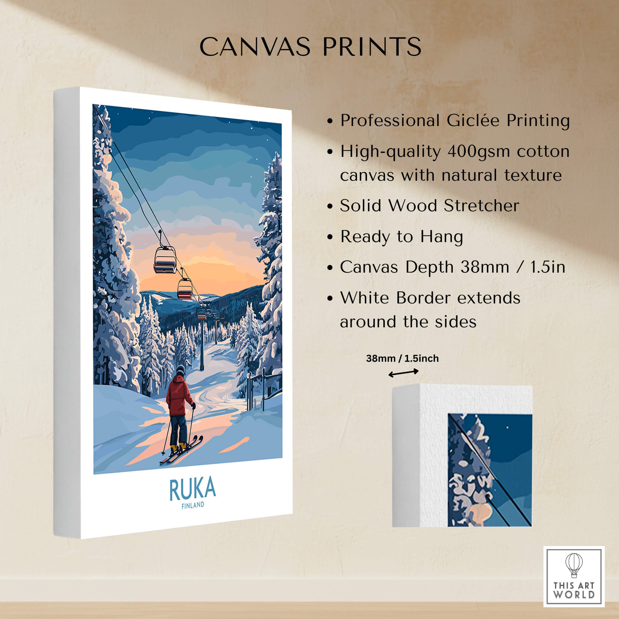 Finland Ski Resort Art - Ruka Snow Scene Print, Scandinavian Wall Decor featuring a skier on a scenic winter landscape.