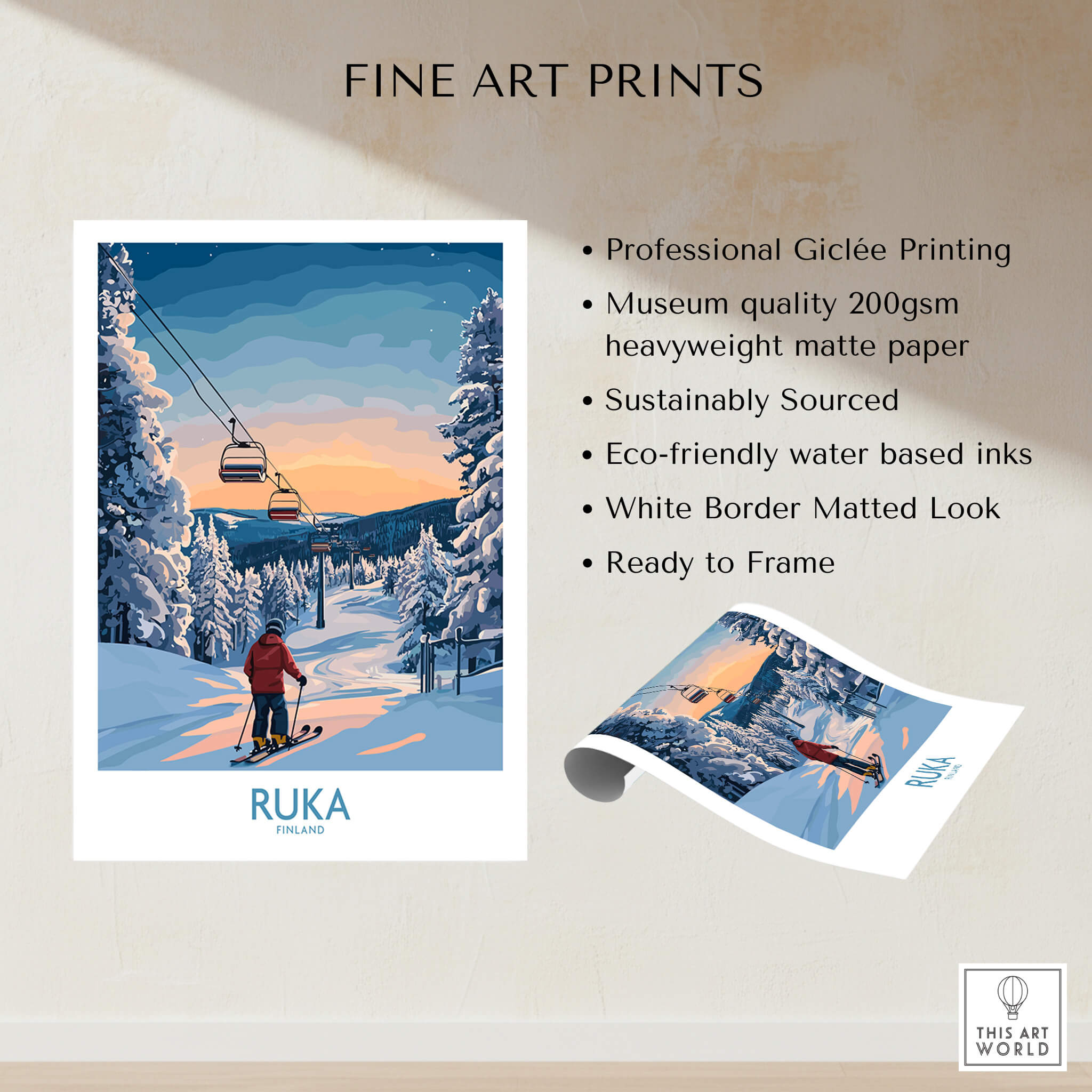 Finland Ski Resort Art - Ruka Snow Scene Print, Scandinavian Wall Decor, Giclée printing, ready to frame.