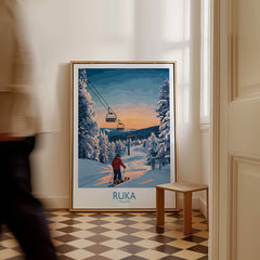Finland Ski Resort Art - Ruka Snow Scene Print, Scandinavian Wall Decor displayed in a cozy interior setting.