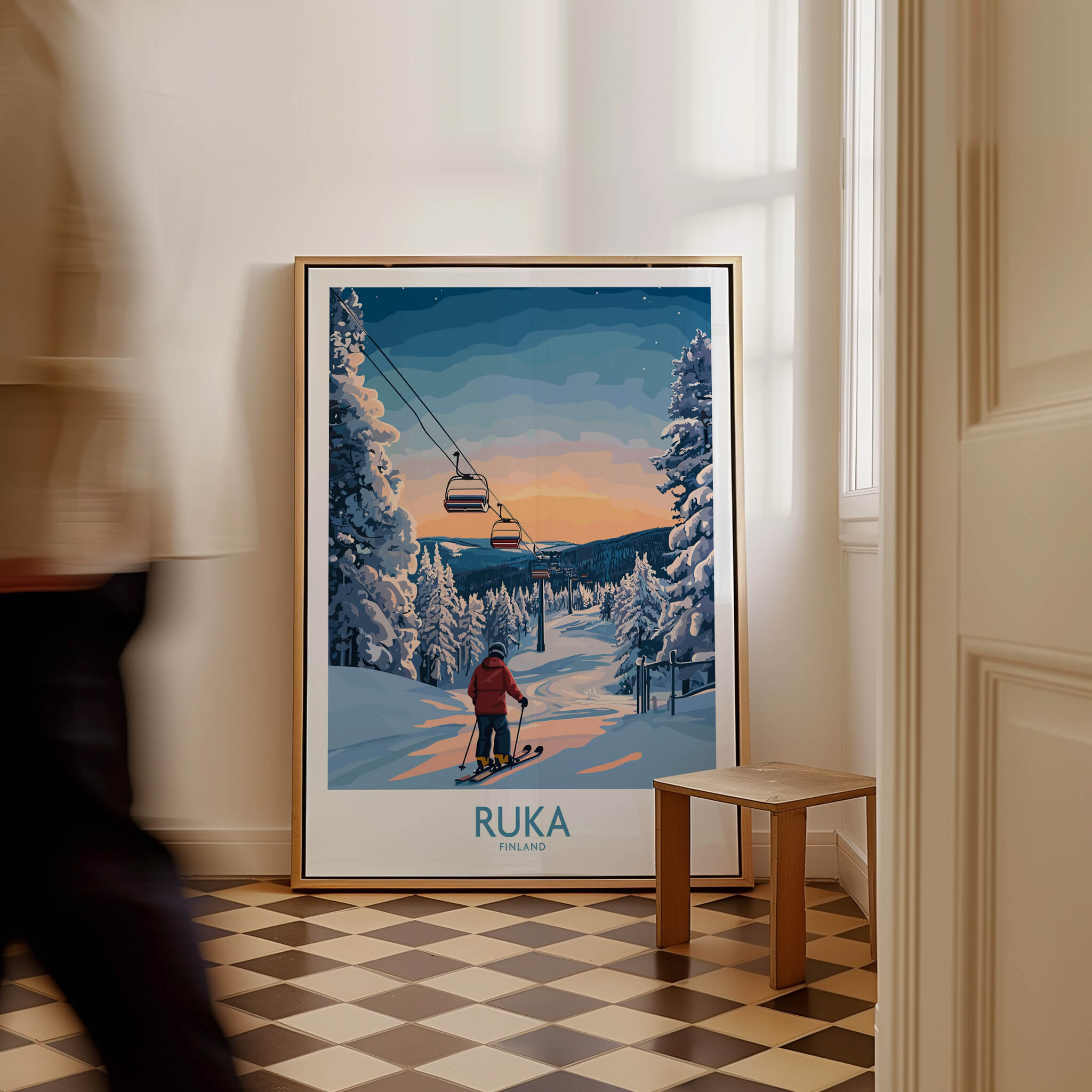Finland Ski Resort Art - Ruka Snow Scene Print, Scandinavian Wall Decor displayed in a cozy interior setting.