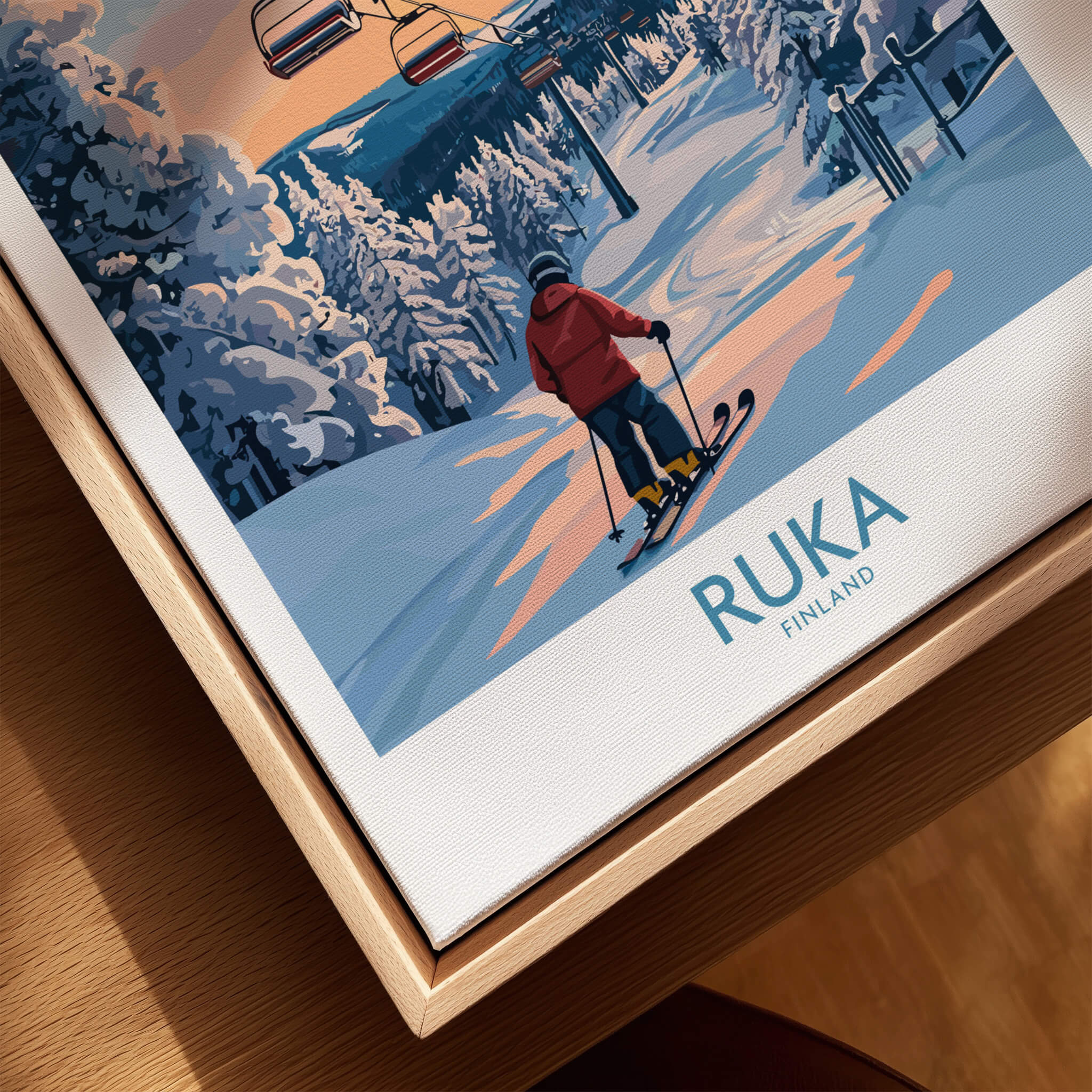 Finland Ski Resort Art - Ruka Snow Scene Print, Scandinavian Wall Decor featuring a skier enjoying a snow-covered slope.