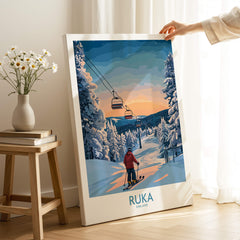Finland Ski Resort Art - Ruka Snow Scene Print, Scandinavian Wall Decor featuring a serene winter landscape.