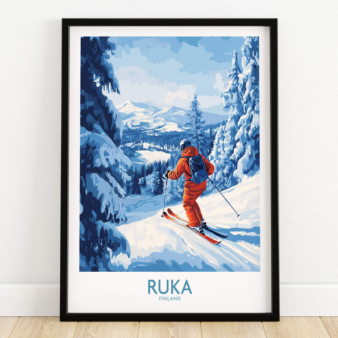Lapland Ski Scene Wall Art - Ruka Finland Powder Print, Winter Sports Decor showcasing a skier in a snowy landscape.