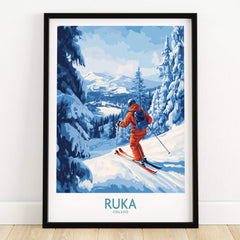 Lapland Ski Scene Wall Art - Ruka Finland Powder Print, Winter Sports Decor showcasing a skier in a snowy landscape.