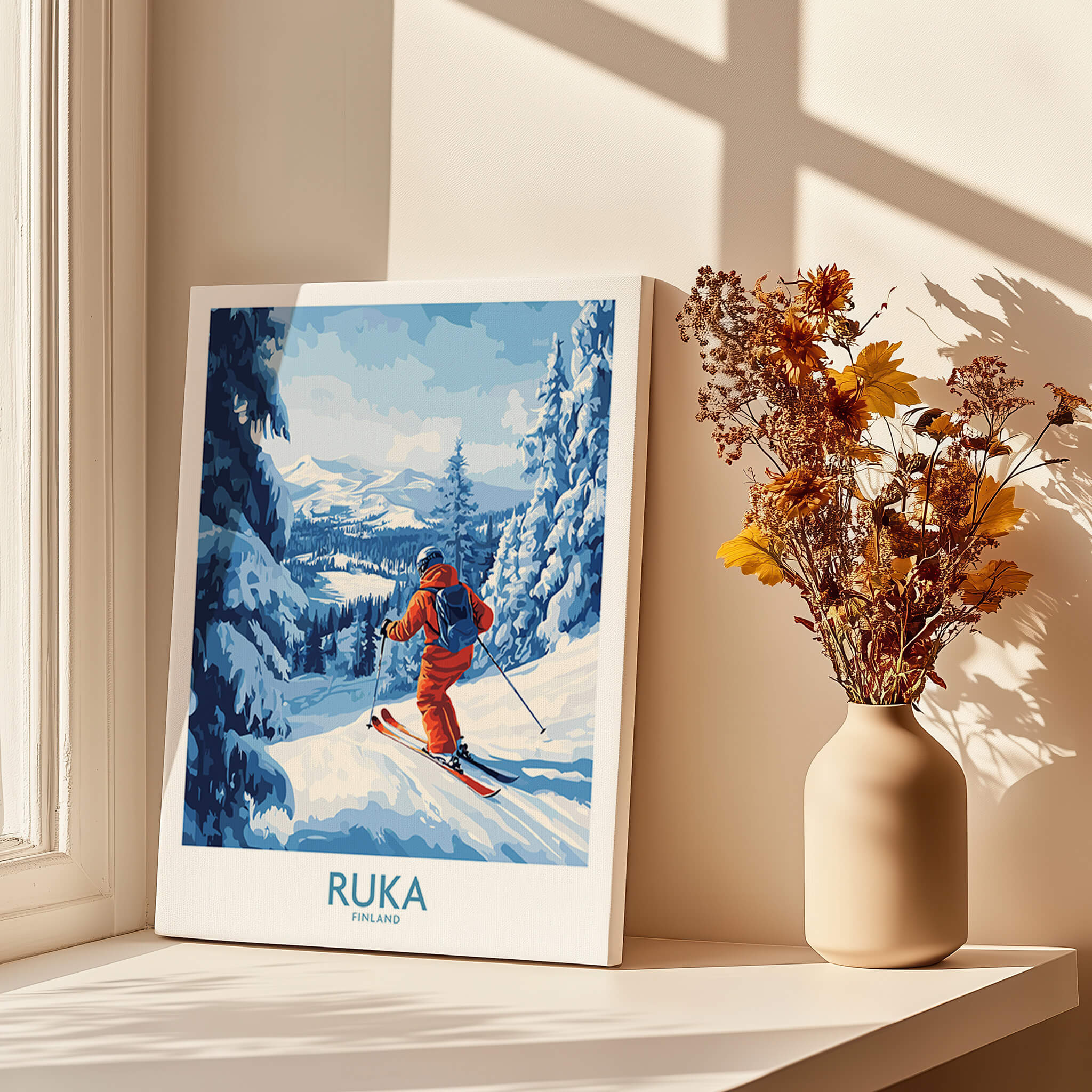 Lapland Ski Scene Wall Art - Ruka Finland Powder Print, Winter Sports Decor showcasing a skier in fresh snow.