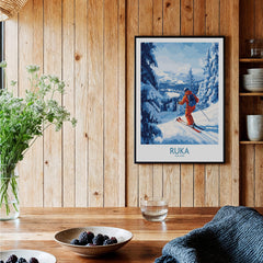 Lapland Ski Scene Wall Art - Ruka Finland Powder Print, Winter Sports Decor featuring a skier on a snowy slope.