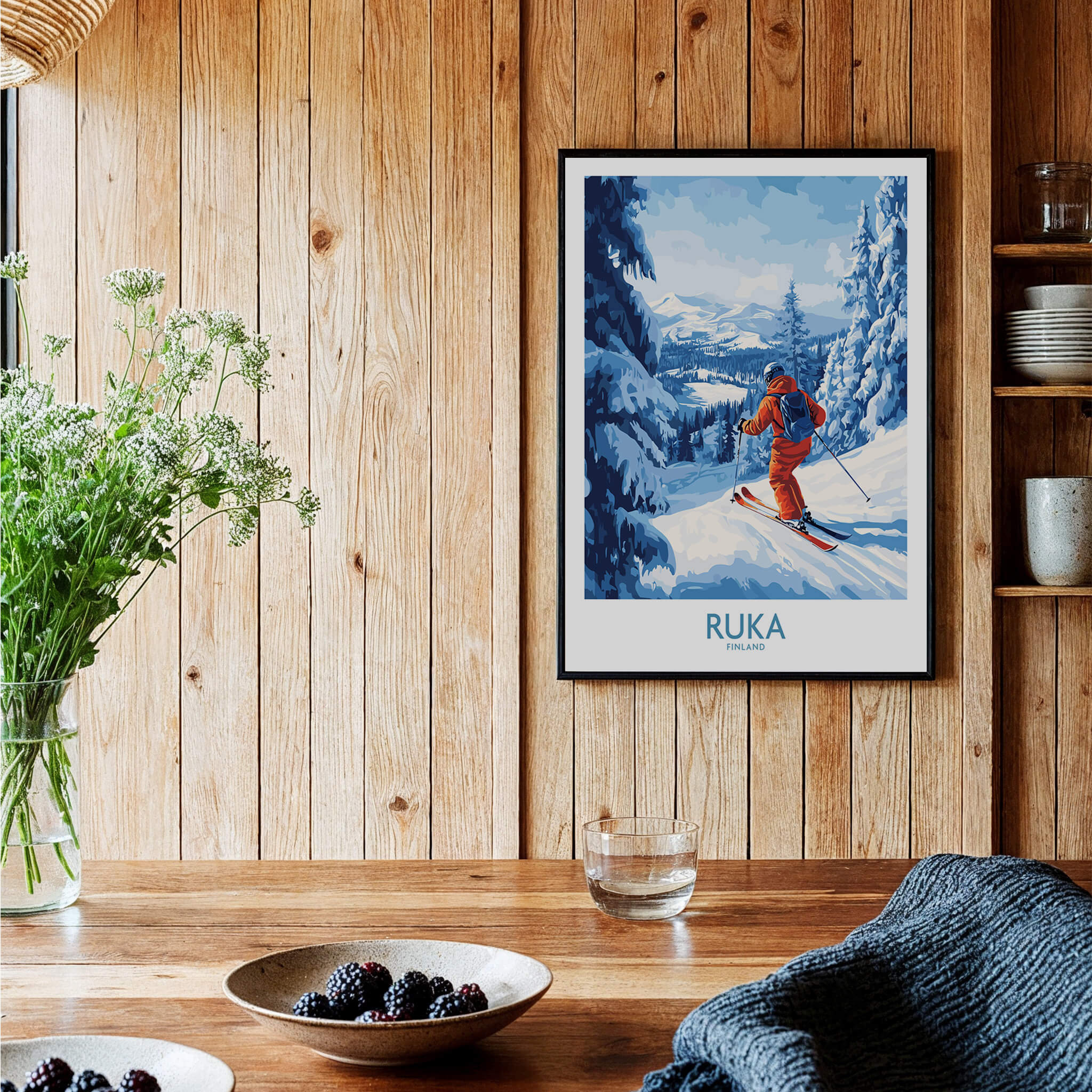 Lapland Ski Scene Wall Art - Ruka Finland Powder Print, Winter Sports Decor featuring a skier on a snowy slope.