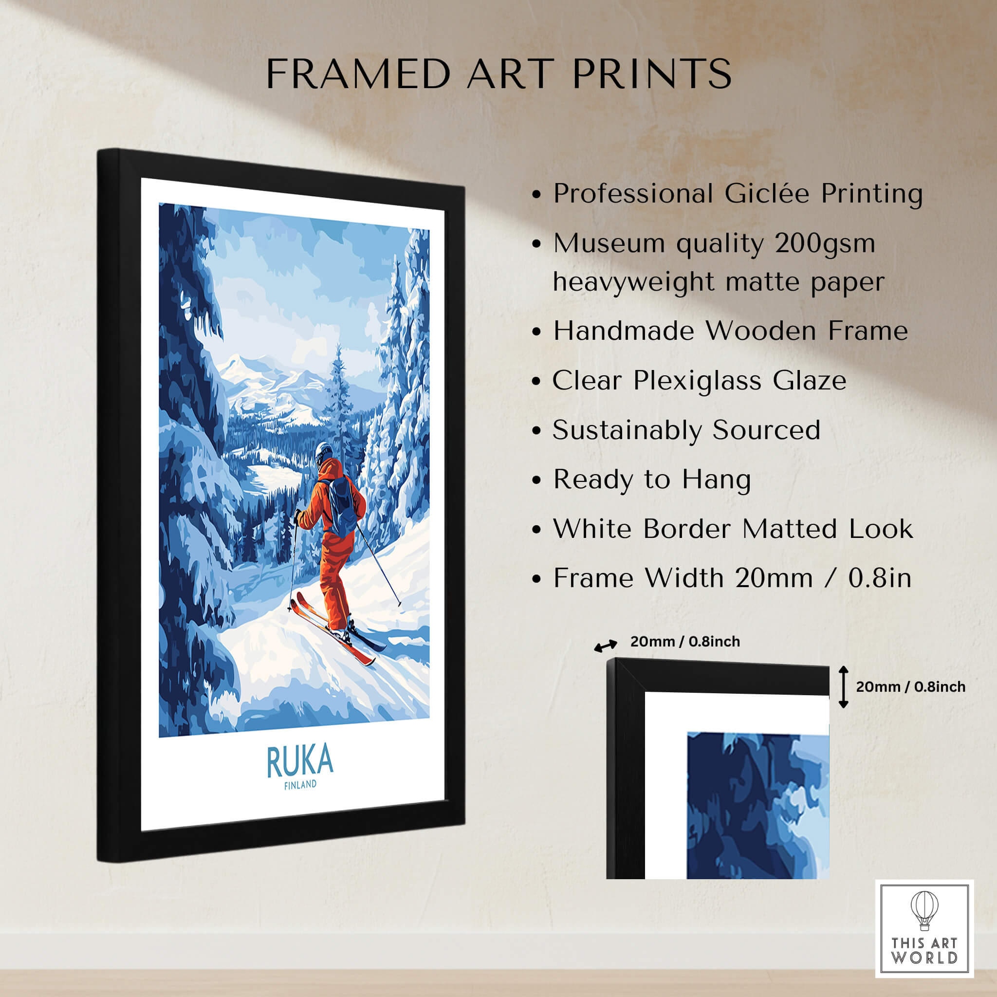 Lapland Ski Scene Wall Art - Ruka Finland Powder Print, Winter Sports Decor framed art print showcasing a skier in a snowy landscape.