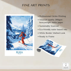 Lapland Ski Scene Wall Art - Ruka Finland Powder Print, Winter Sports Decor featuring a skier in snowy landscape.