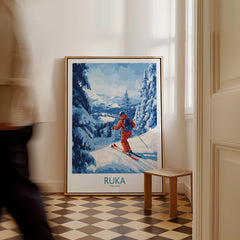 Lapland Ski Scene Wall Art - Ruka Finland Powder Print, Winter Sports Decor showcasing a skier in a snowy landscape.