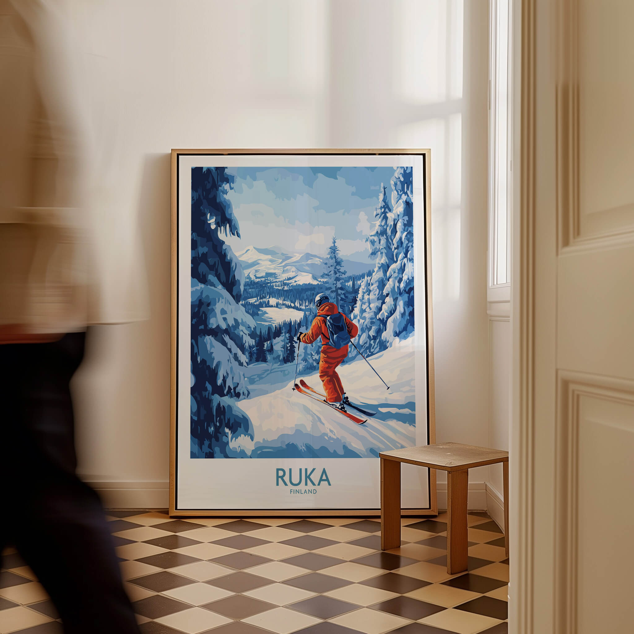 Lapland Ski Scene Wall Art - Ruka Finland Powder Print, Winter Sports Decor showcasing a skier in a snowy landscape.