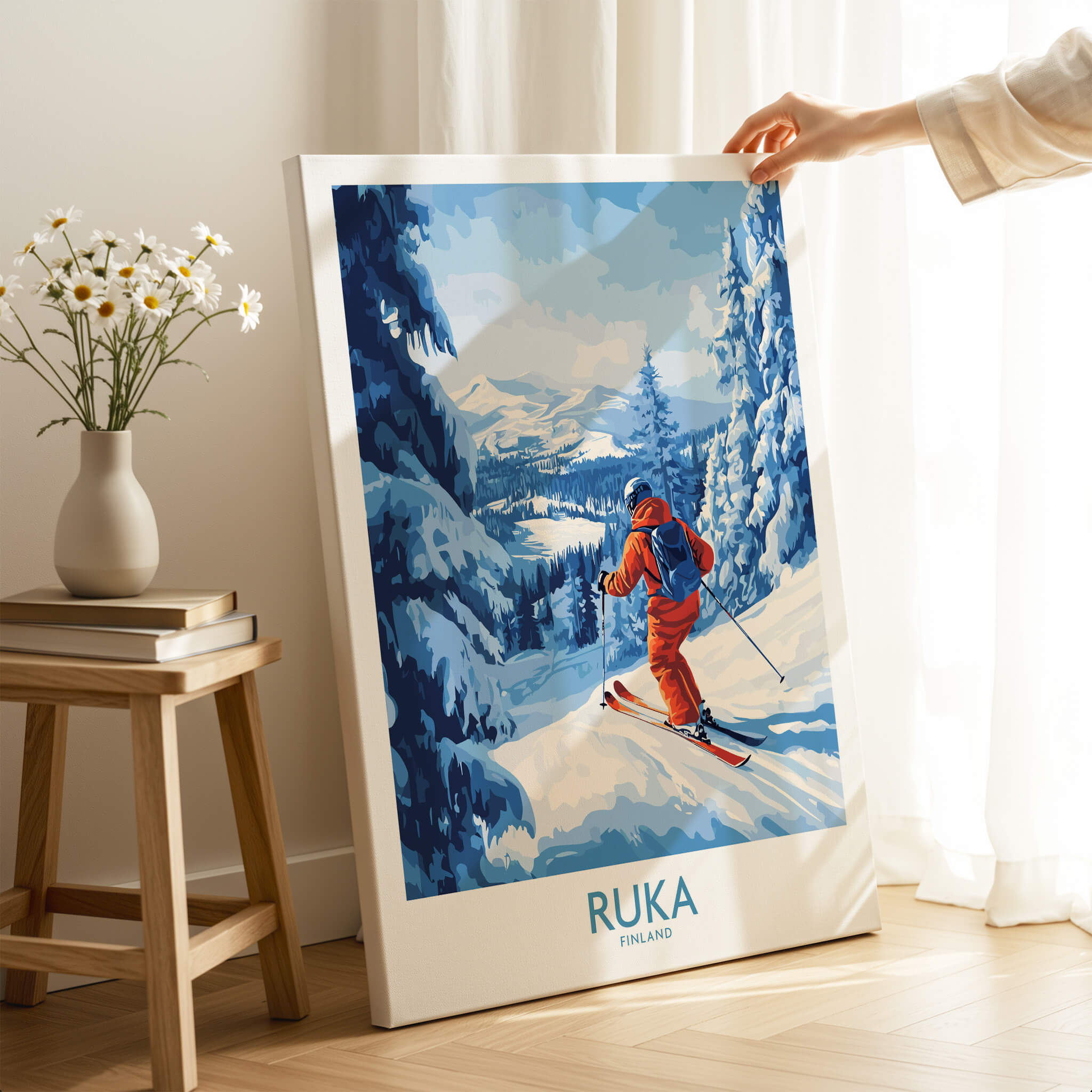 Lapland Ski Scene Wall Art - Ruka Finland Powder Print, Winter Sports Decor featuring a skier in fresh powder.