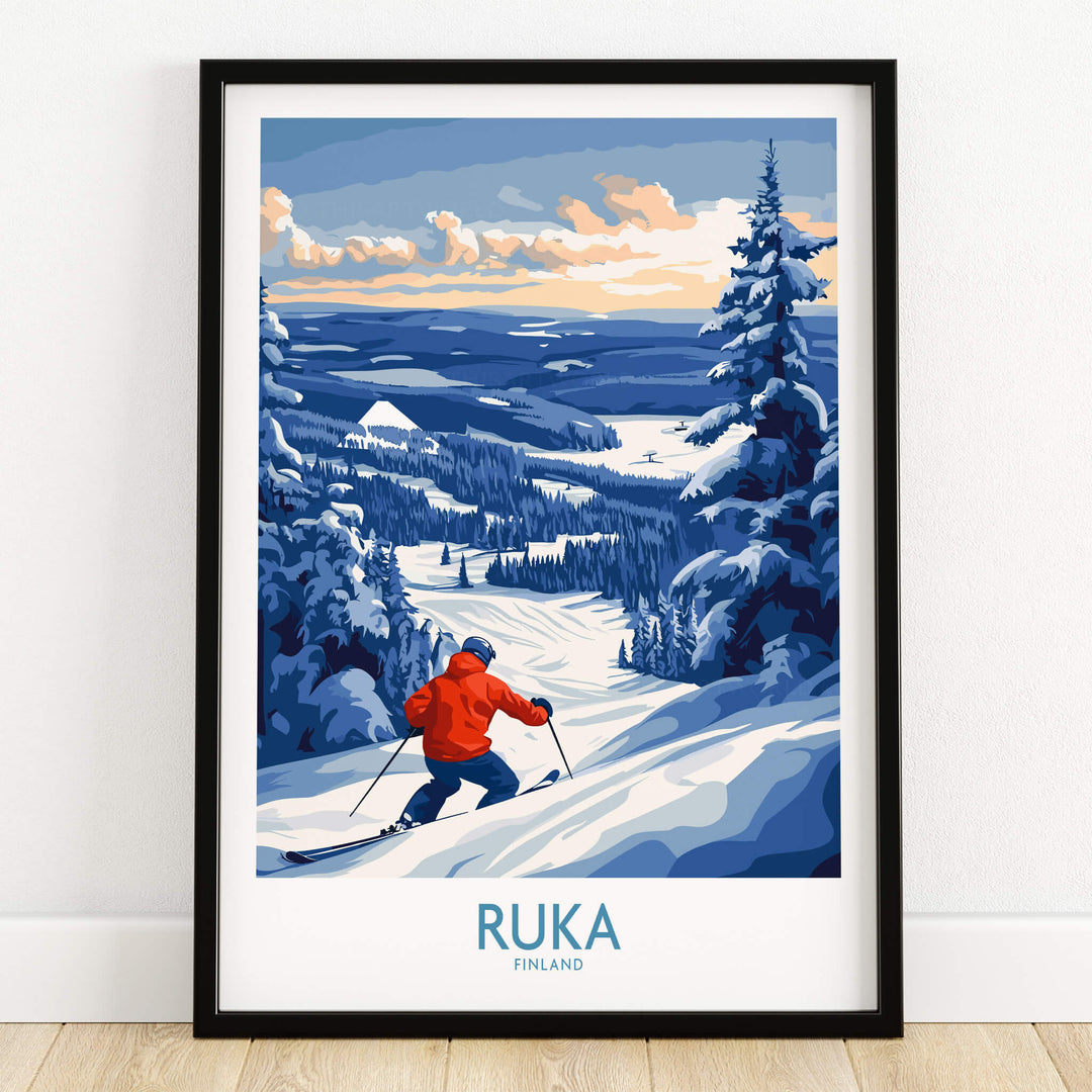 Finland Ski Adventure Poster - Ruka Snowscape Print, Scandinavian Wall Art featuring a skier in a snowy landscape.