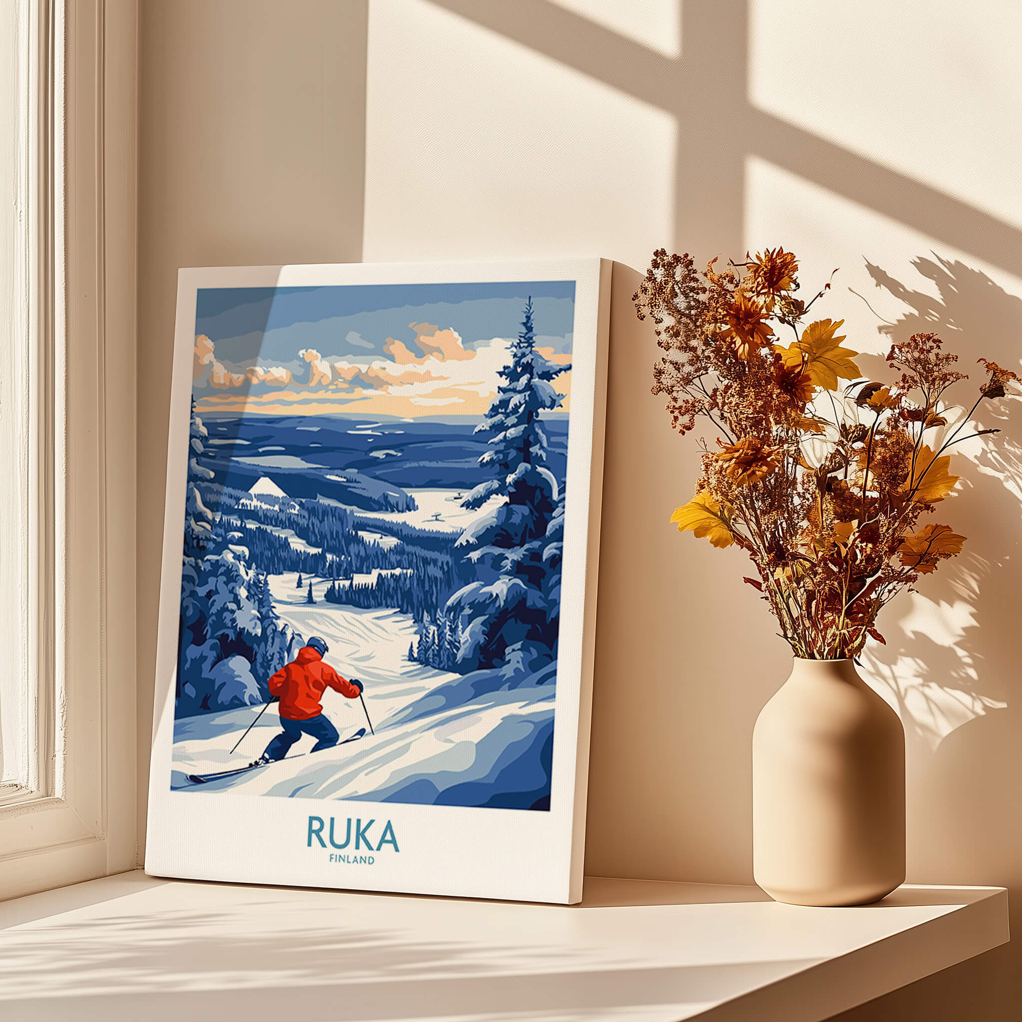 Finland Ski Adventure Poster - Ruka Snowscape Print, Scandinavian Wall Art displayed near a window with flowers.