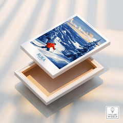 Finland Ski Adventure Poster - Ruka Snowscape Print, Scandinavian Wall Art displayed on a white box.