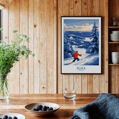 Finland Ski Adventure Poster - Ruka Snowscape Print, Scandinavian Wall Art in a cozy interior setting.