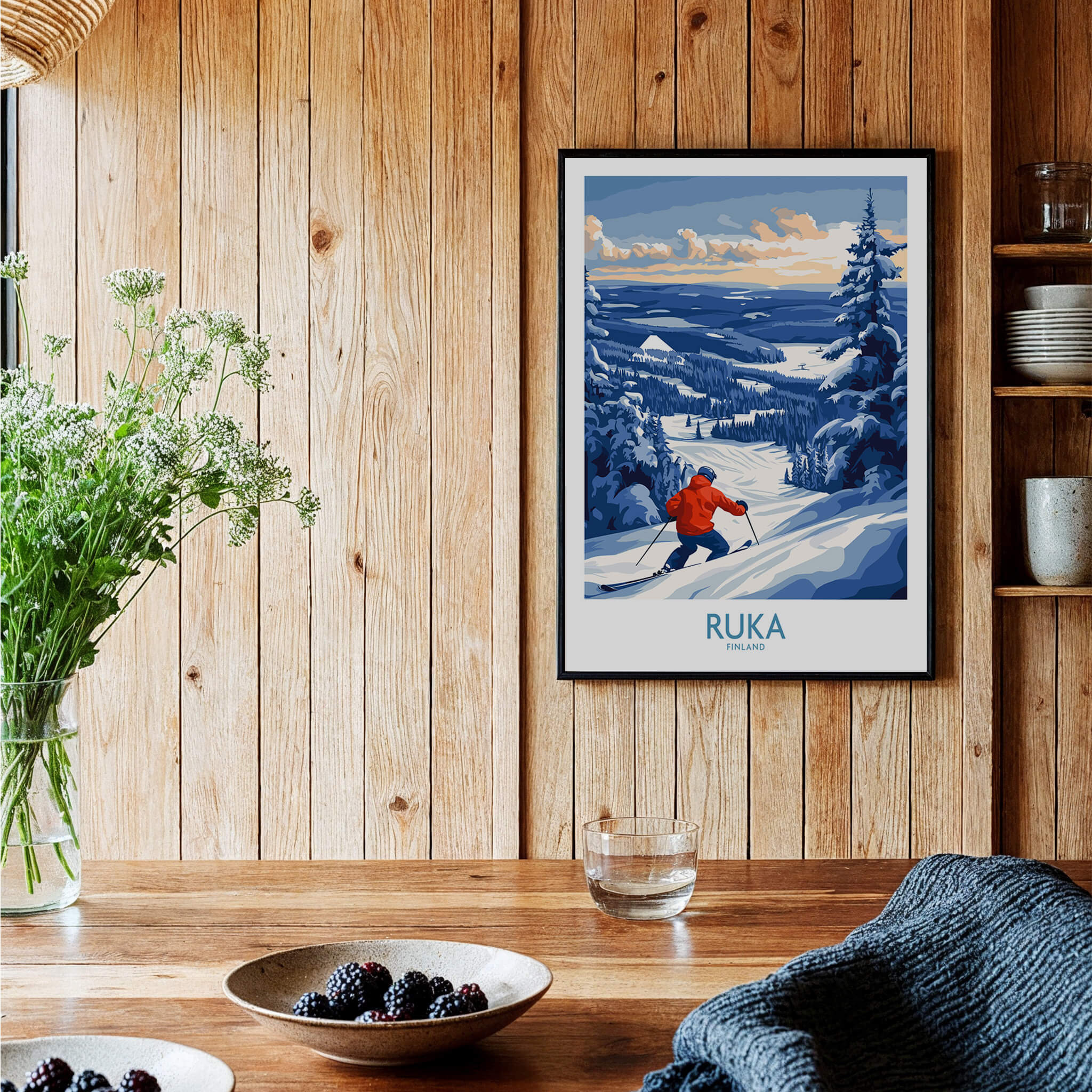 Finland Ski Adventure Poster - Ruka Snowscape Print, Scandinavian Wall Art in a cozy interior setting.