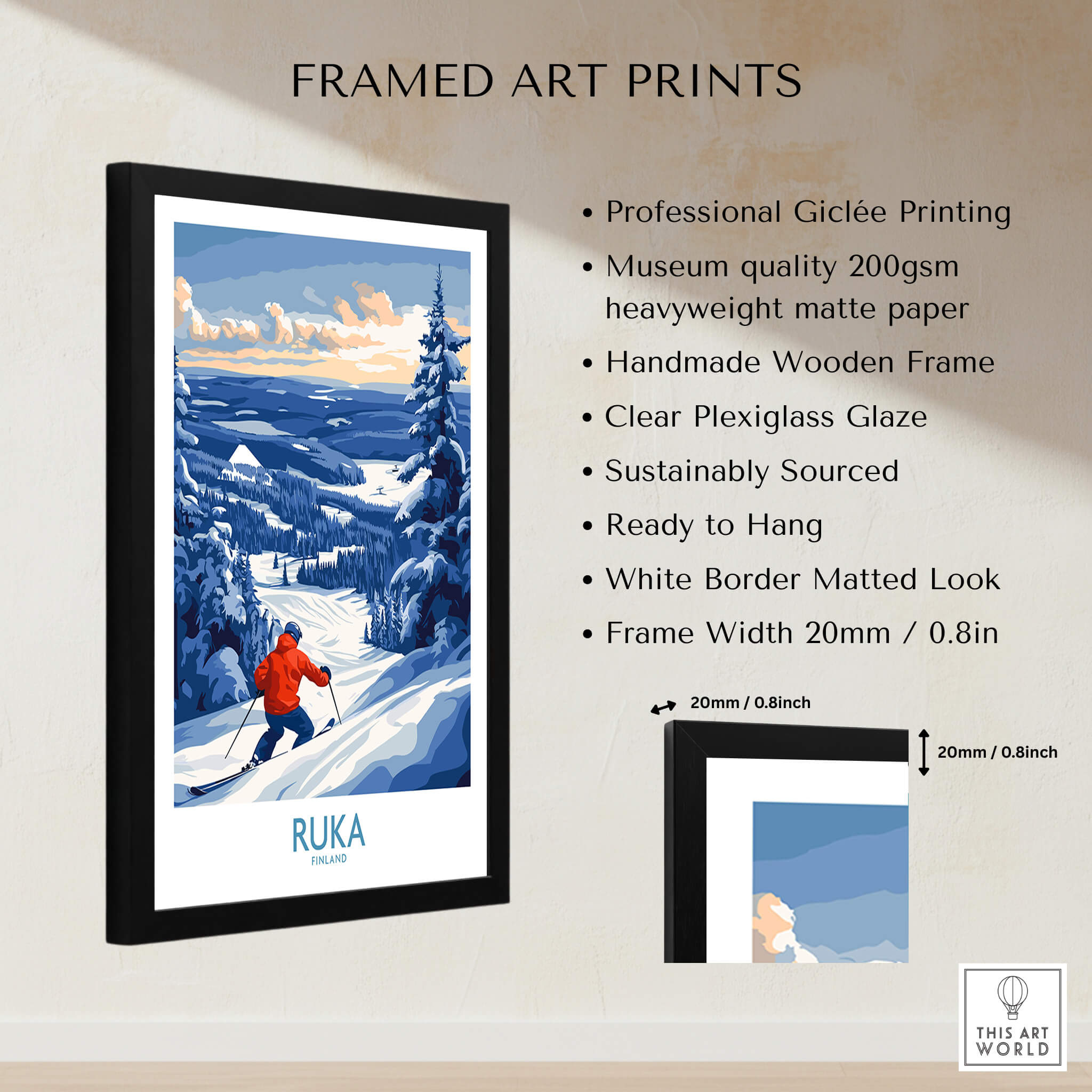 Finland Ski Adventure Poster - Ruka Snowscape Print, Scandinavian Wall Art framed with professional quality features.