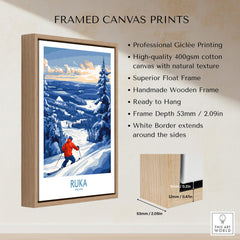 Finland Ski Adventure Poster - Ruka Snowscape Print, Scandinavian Wall Art displayed in a framed canvas print.