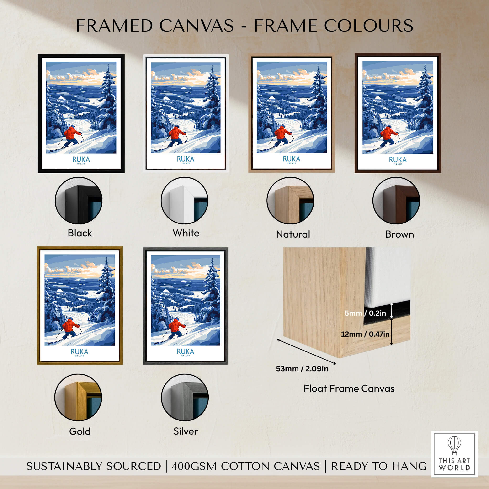 Finland Ski Adventure Poster - Ruka Snowscape Print, Scandinavian Wall Art framed canvas color options.