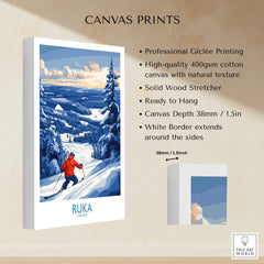 Finland Ski Adventure Poster - Ruka Snowscape Print, Scandinavian Wall Art features skier in snowy landscape.