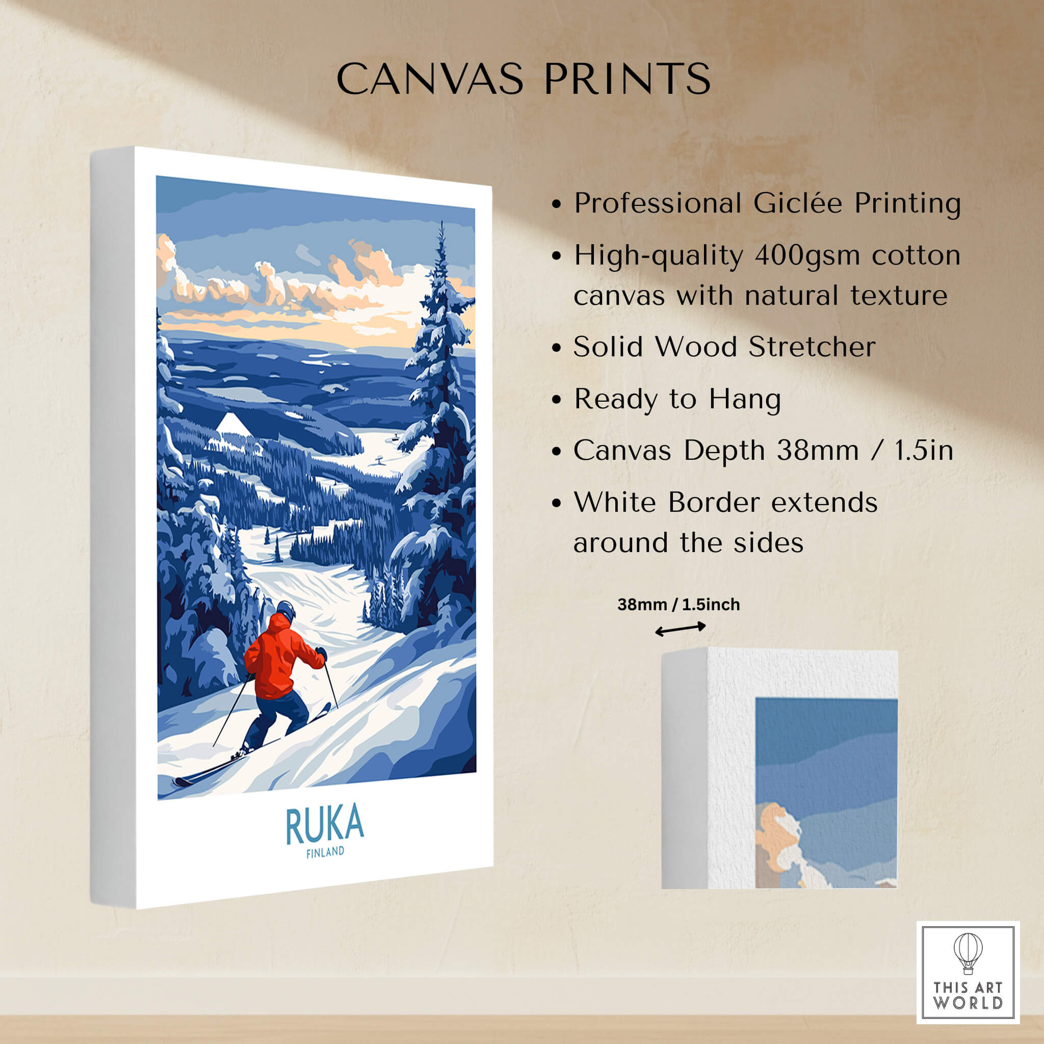 Finland Ski Adventure Poster - Ruka Snowscape Print, Scandinavian Wall Art features skier in snowy landscape.
