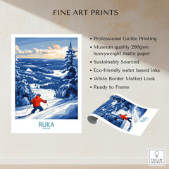 Finland Ski Adventure Poster - Ruka Snowscape Print, Scandinavian Wall Art featuring professional Giclée printing and vibrant imagery.