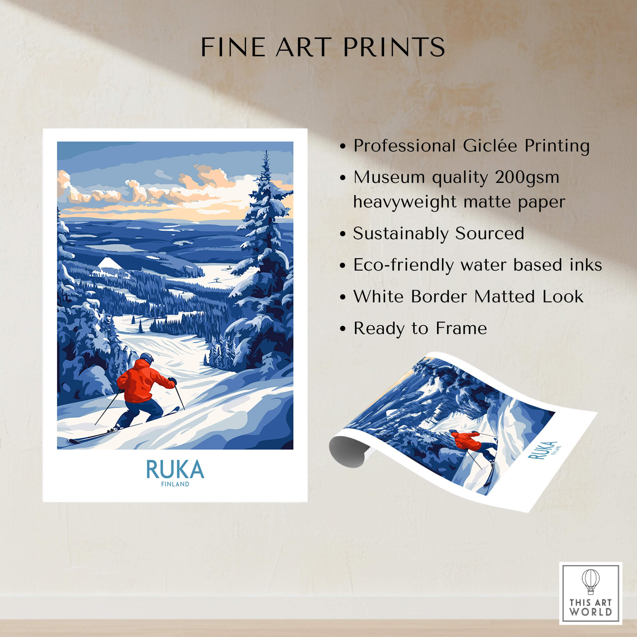 Finland Ski Adventure Poster - Ruka Snowscape Print, Scandinavian Wall Art featuring professional Giclée printing and vibrant imagery.