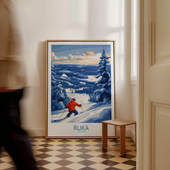 Finland Ski Adventure Poster - Ruka Snowscape Print, Scandinavian Wall Art showcasing a skier in a winter landscape.