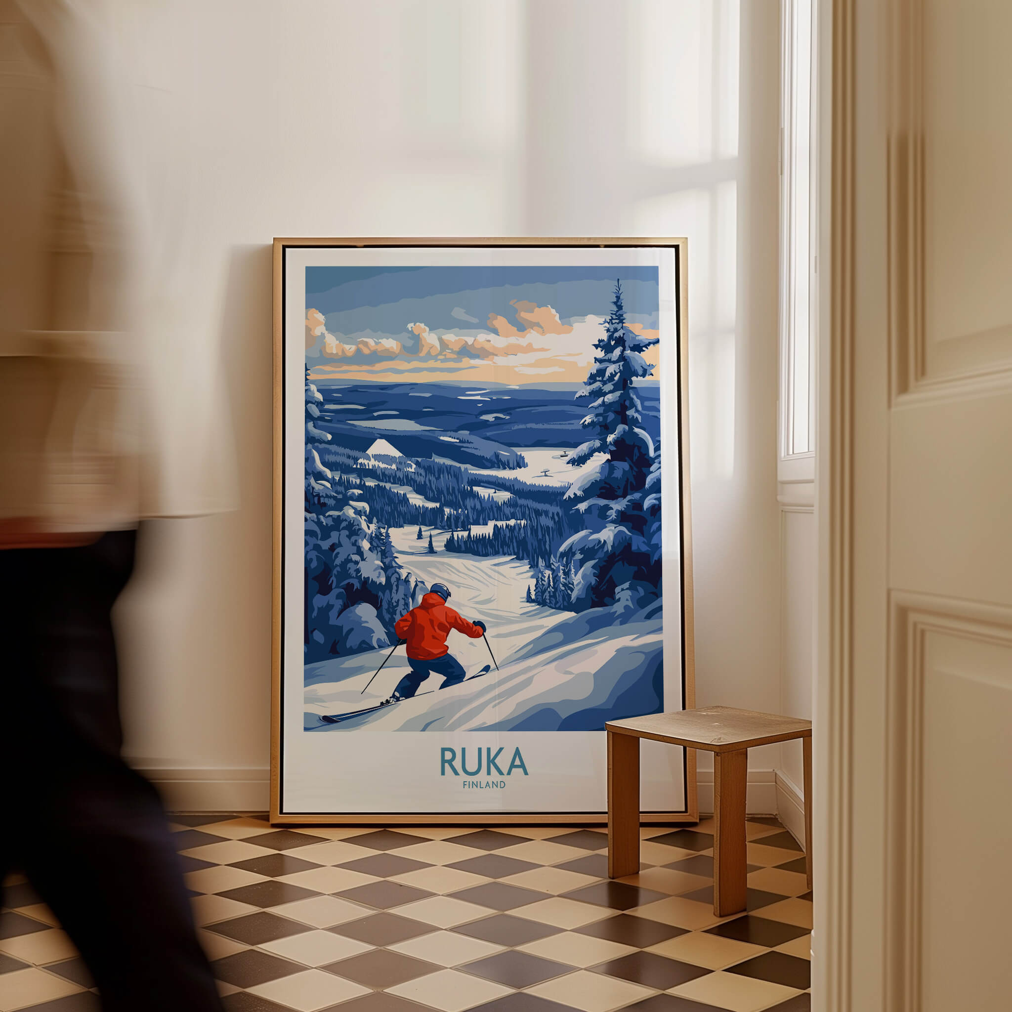 Finland Ski Adventure Poster - Ruka Snowscape Print, Scandinavian Wall Art showcasing a skier in a winter landscape.