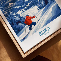 Finland Ski Adventure Poster - Ruka Snowscape Print, Scandinavian Wall Art featuring a skier in a snowy landscape.
