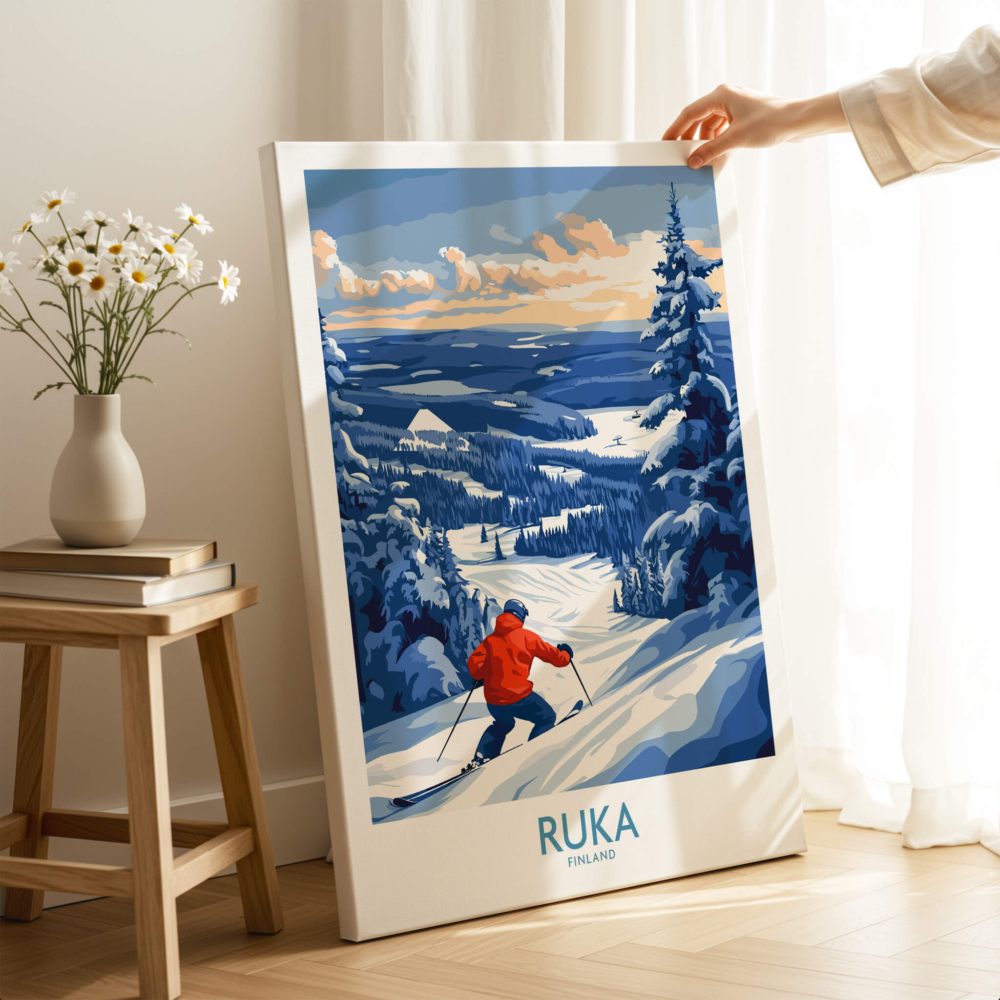 Finland Ski Adventure Poster - Ruka Snowscape Print, Scandinavian Wall Art featuring a skier in a snowy landscape.