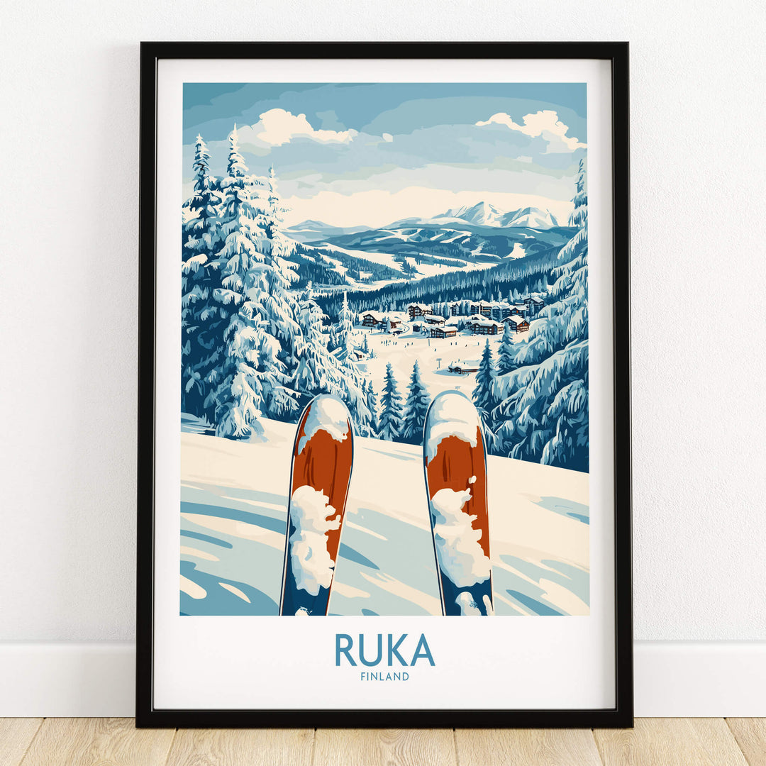 Ruka Ski Wall Art Print featuring snowy landscape and ski equipment in Finland, perfect for adventure lovers' home decor.