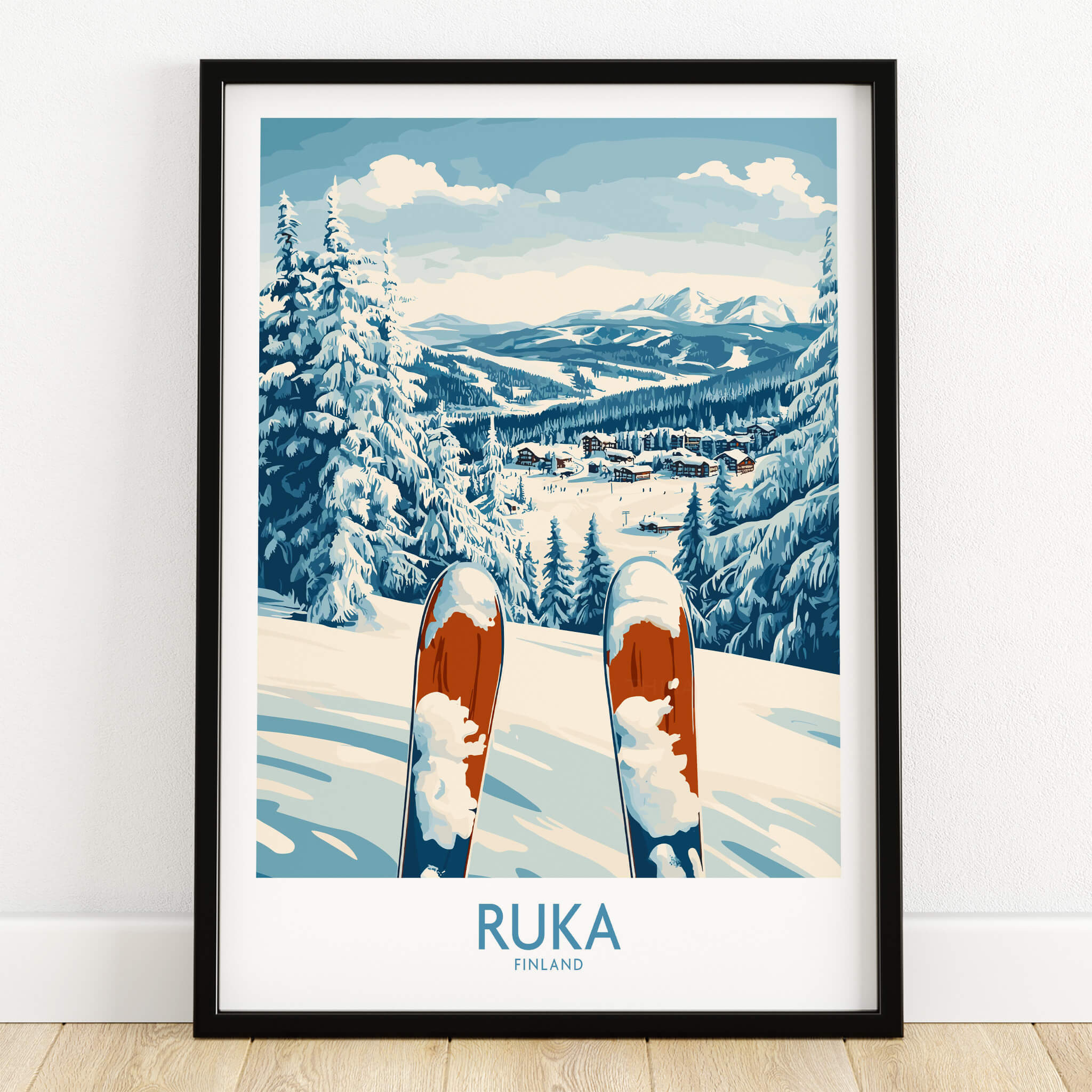 Ruka Ski Wall Art Print featuring snowy landscape and ski equipment in Finland, perfect for adventure lovers' home decor.