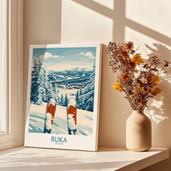 Ruka Ski Wall Art Print featuring vibrant skiing scene with mountains and trees, perfect for adventure lovers.