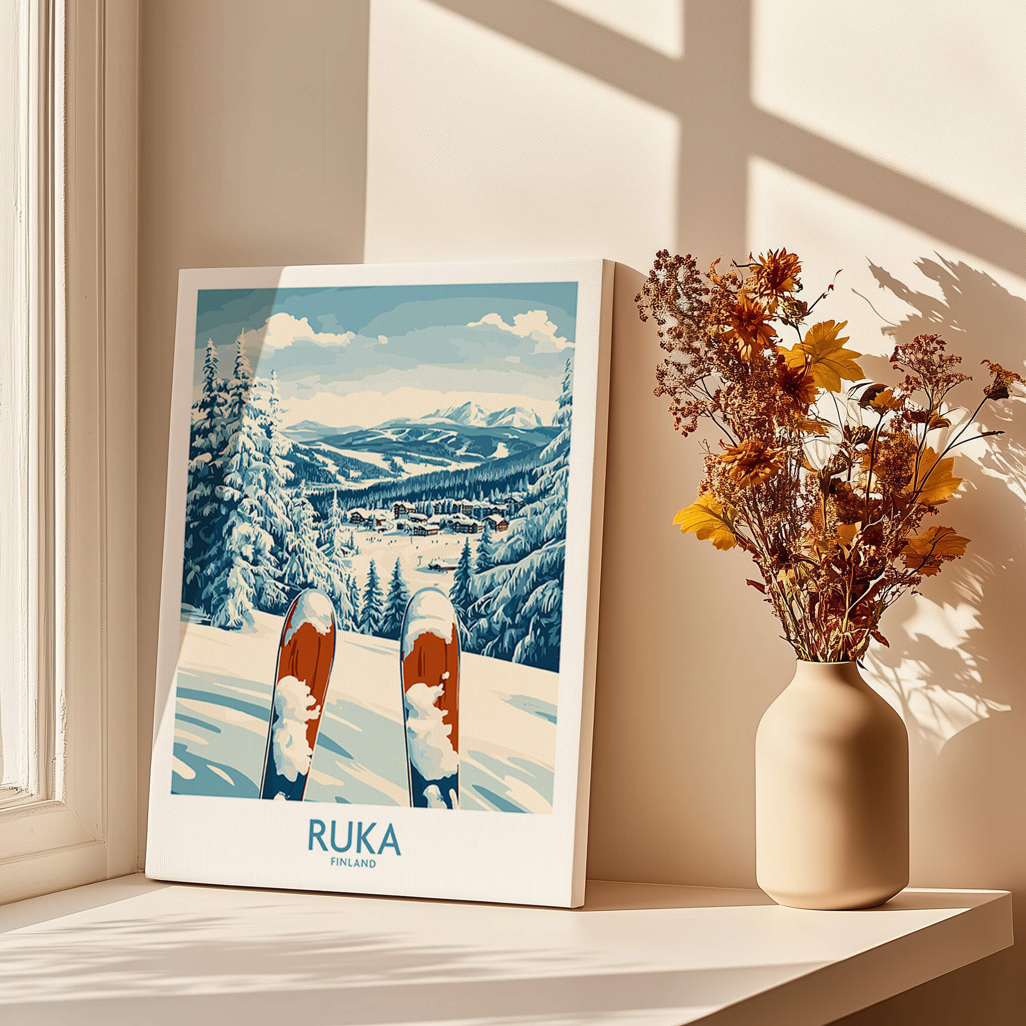 Ruka Ski Wall Art Print featuring vibrant skiing scene with mountains and trees, perfect for adventure lovers.
