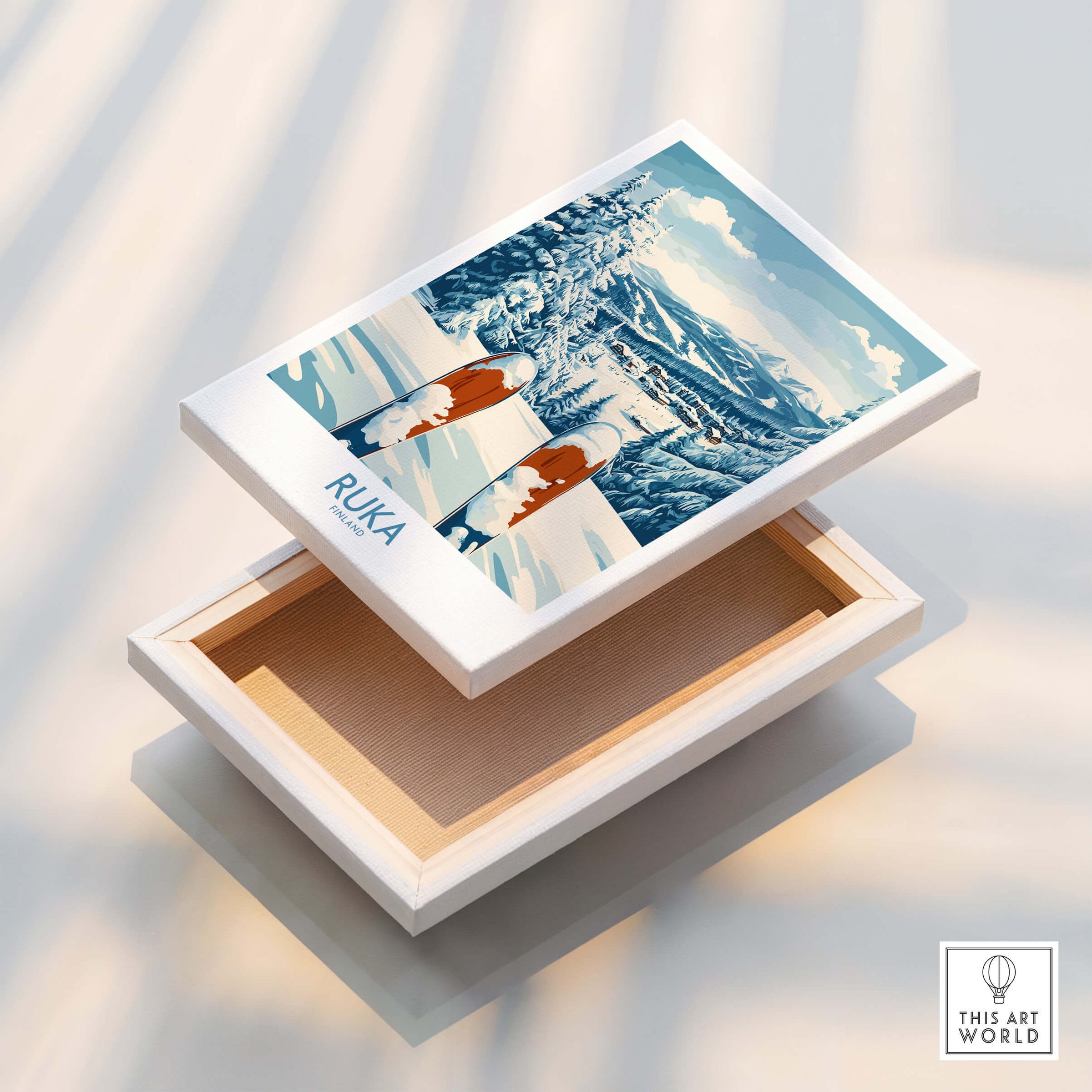 Ruka Ski Wall Art Print showcasing a beautiful mountain scene and skiers to enhance your home decor.