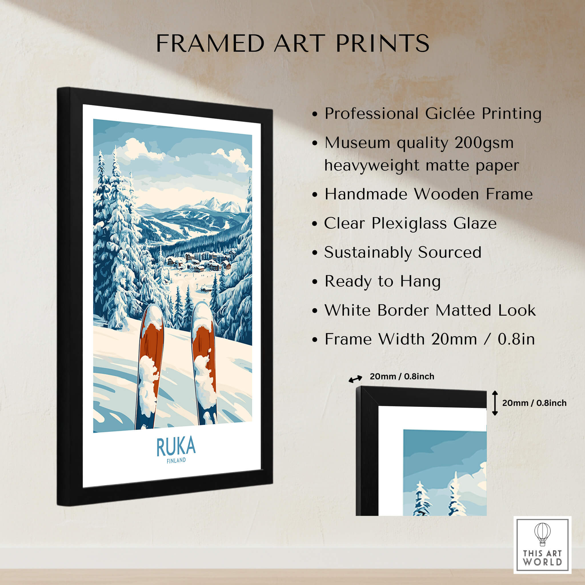 Ruka Ski Wall Art Print beautifully framed, showcasing vibrant skiing scenery with handmade wooden frame.