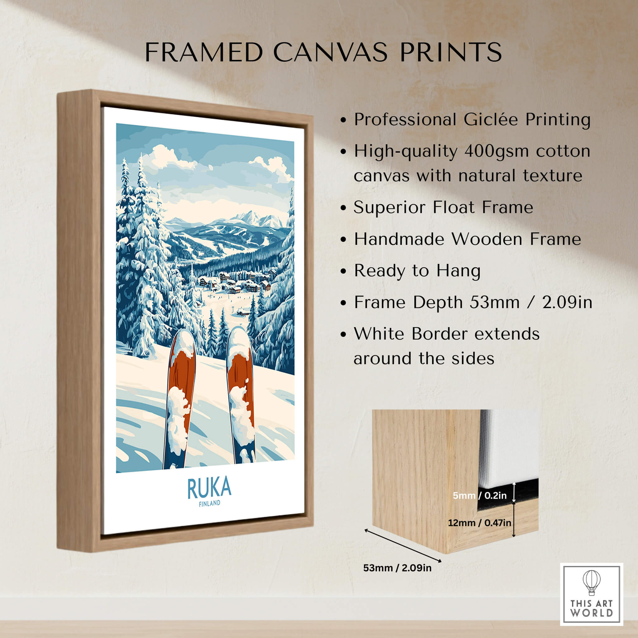 Ruka Ski Wall Art Print framed canvas featuring professional Giclée printing and vibrant skiing design.