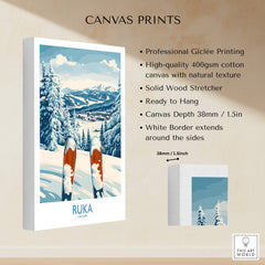 Ruka Ski Wall Art Print featuring professional Giclée printing on high-quality cotton canvas with snowy skiing scene.