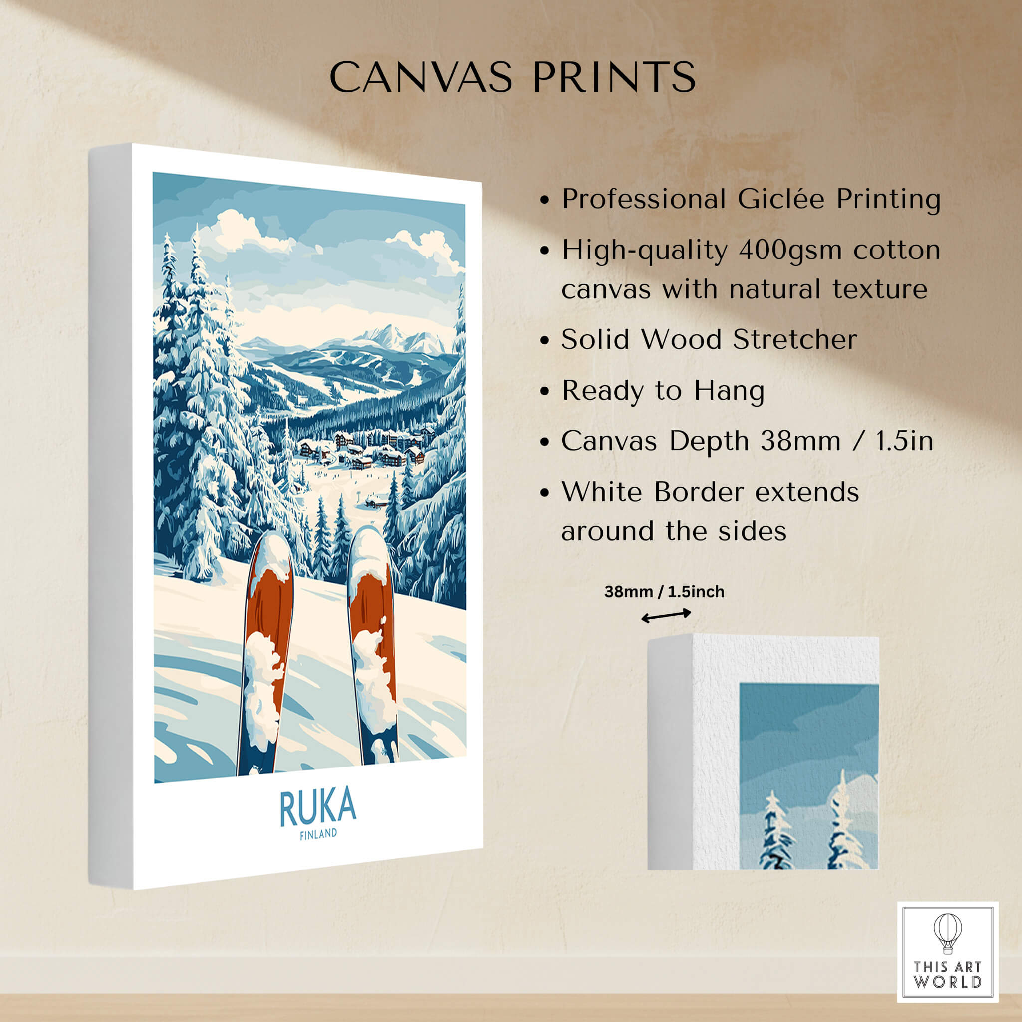 Ruka Ski Wall Art Print featuring professional Giclée printing on high-quality cotton canvas with snowy skiing scene.