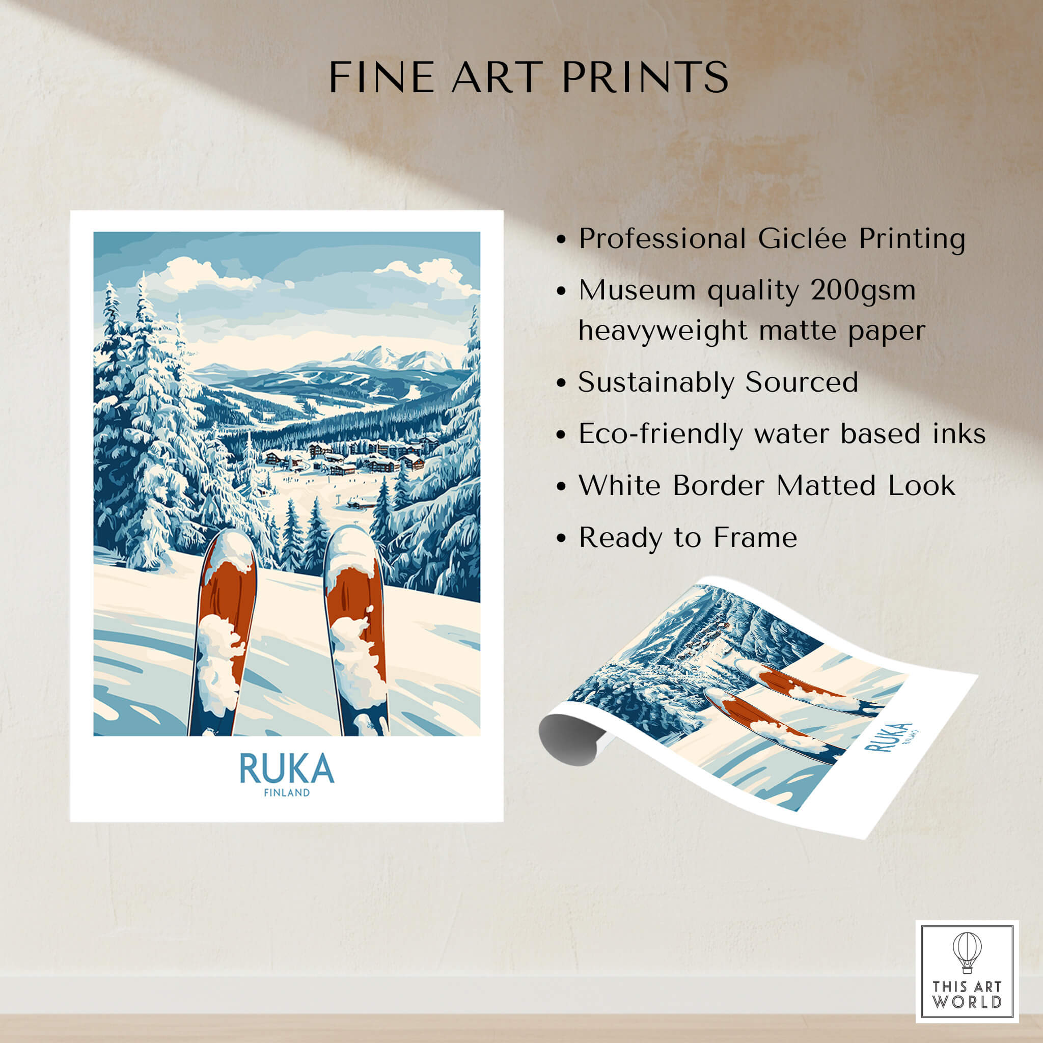 Ruka Ski Wall Art Print showcasing vibrant colors and skiing scenery in a museum-quality fine art print format.