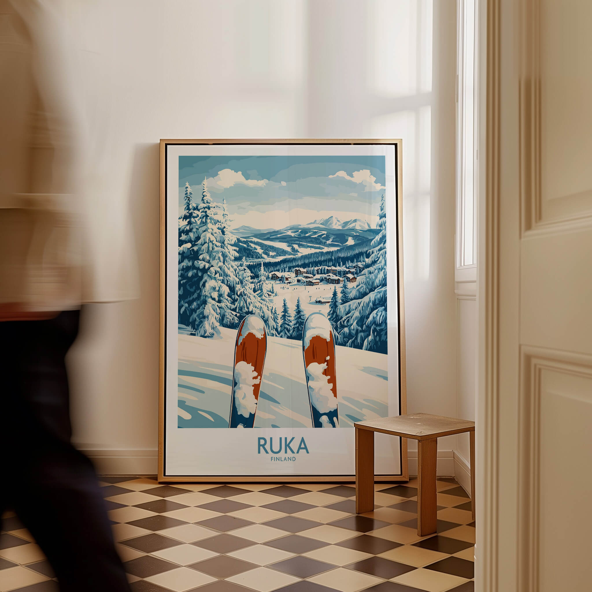 Ruka Ski Wall Art Print displayed in a stylish interior showcasing winter mountains and ski scenery.