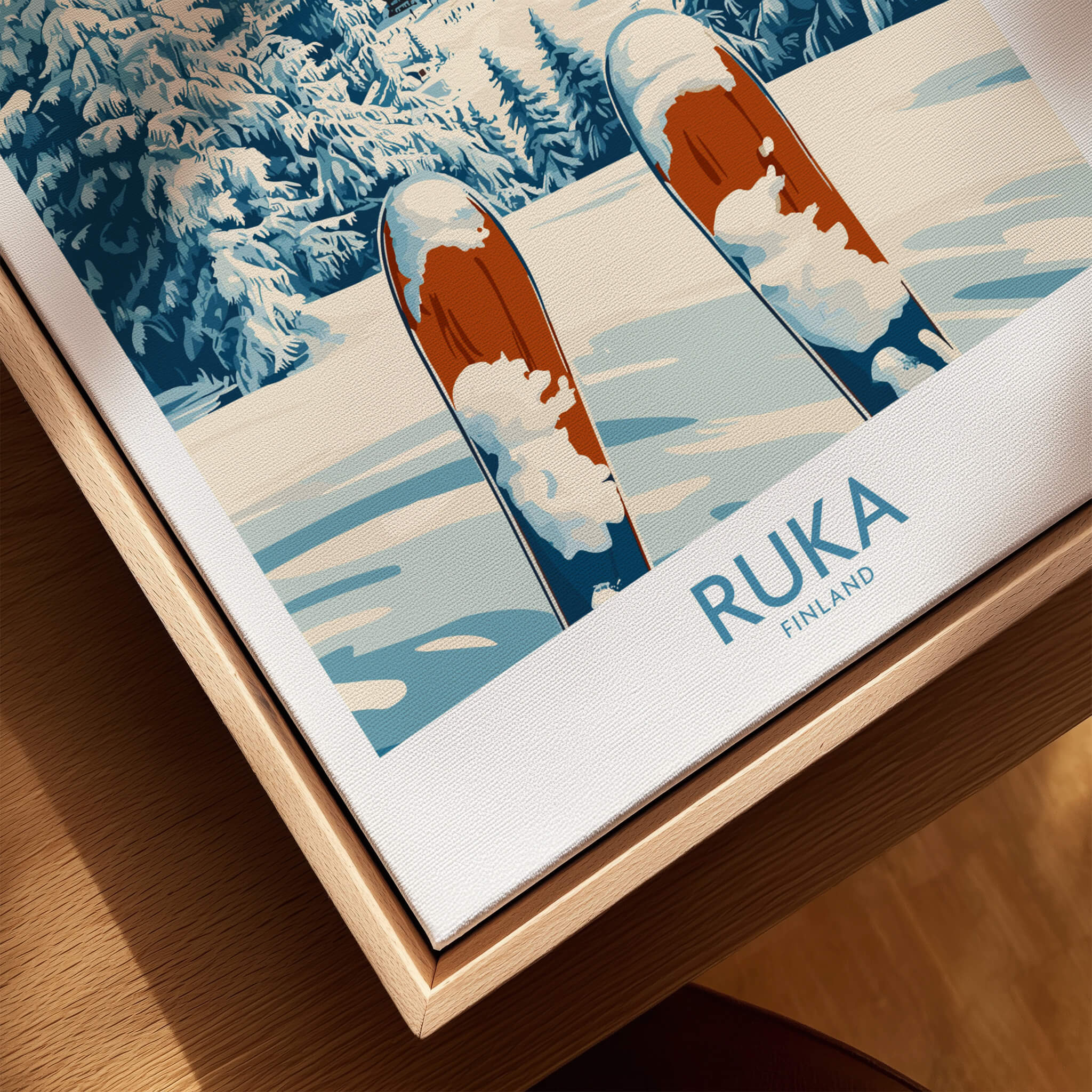 Ruka Ski Wall Art Print showcasing vibrant skis against a snowy landscape, perfect for ski lovers.