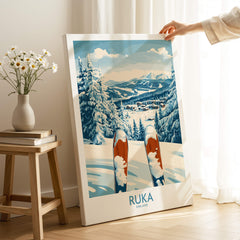 Ruka Ski Wall Art Print showcasing a vibrant ski scene in Finland with snowy mountains and detailed artwork.