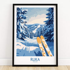 Ruka Ski Trail Print - Finland Slopes Poster, Snow-Covered Forest Wall Art showcasing a winter landscape.